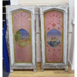A pair of early 20th century Gothic style painted glass windows depicting an ice breaker and a