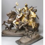 Three spelter warriors on horseback - tallest 43cm