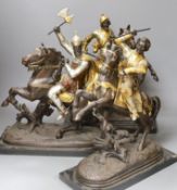 Three spelter warriors on horseback - tallest 43cm