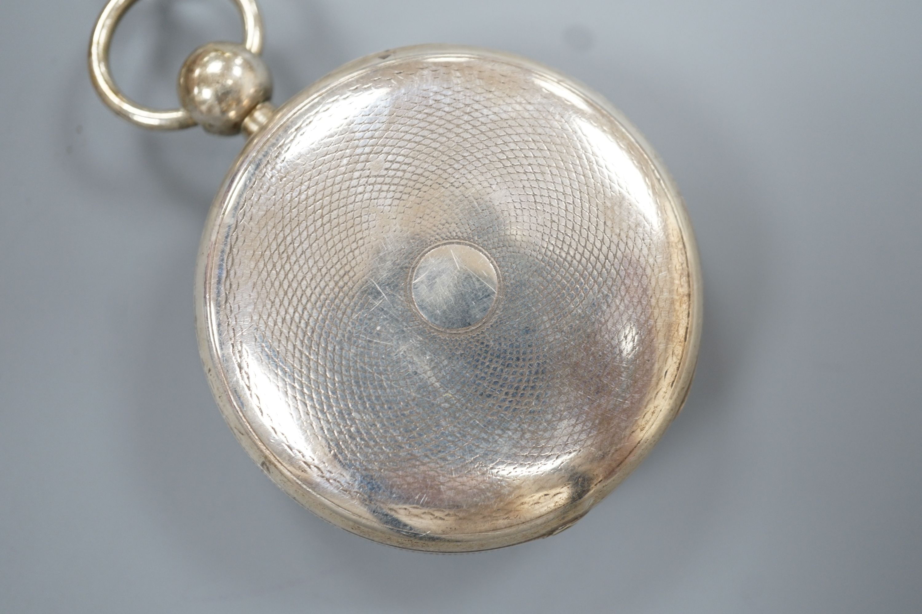 A Victorian engine turned silver open face keywind pocket watch, with gilt numeral Roman dial, - Image 2 of 2