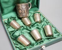 A cased set of six mid 20th century Soviet Union white metal tots, 5cm and an earlier 875 zolotnik