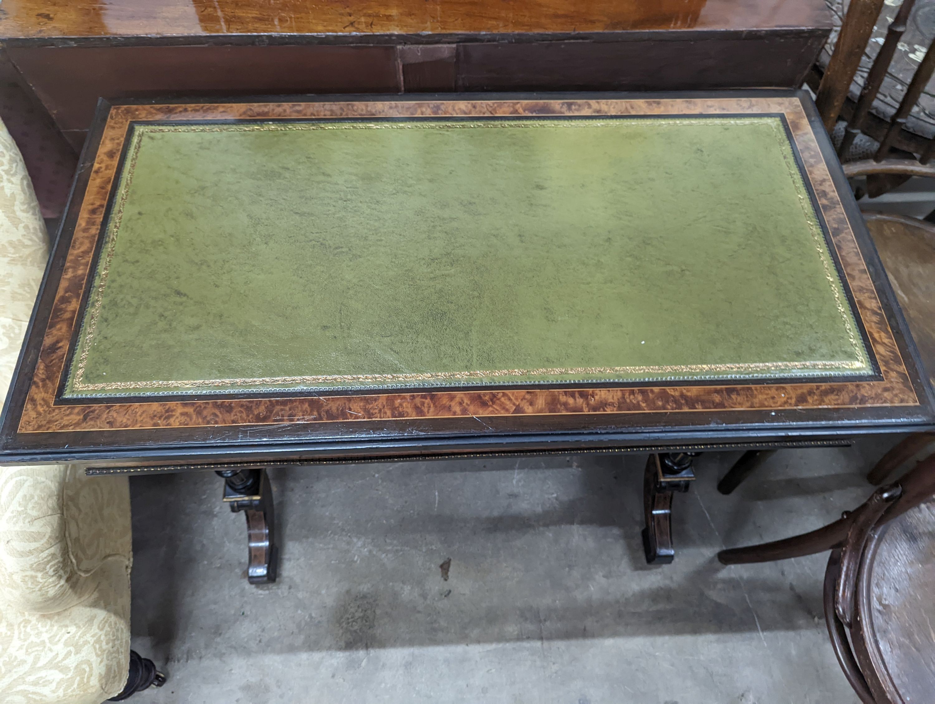 A late Victorian ebonised and bird's eye maple folding writing / card table, width 91cm, depth 48cm, - Image 2 of 4