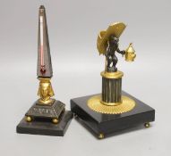 An ormolu and bronze ‘travelling bear’ match tidy together with a ‘sphinx’ thermometer 19cm (2)