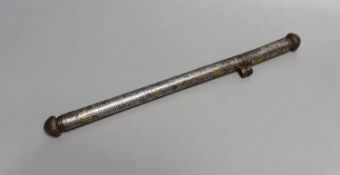 An 18th century Tibetan silver and gold damascened iron pen case,31.5 cms long.