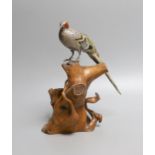 A Japanese? white metal and polychrome enamelled model of a pheasant on a root wood stand, bird 24.