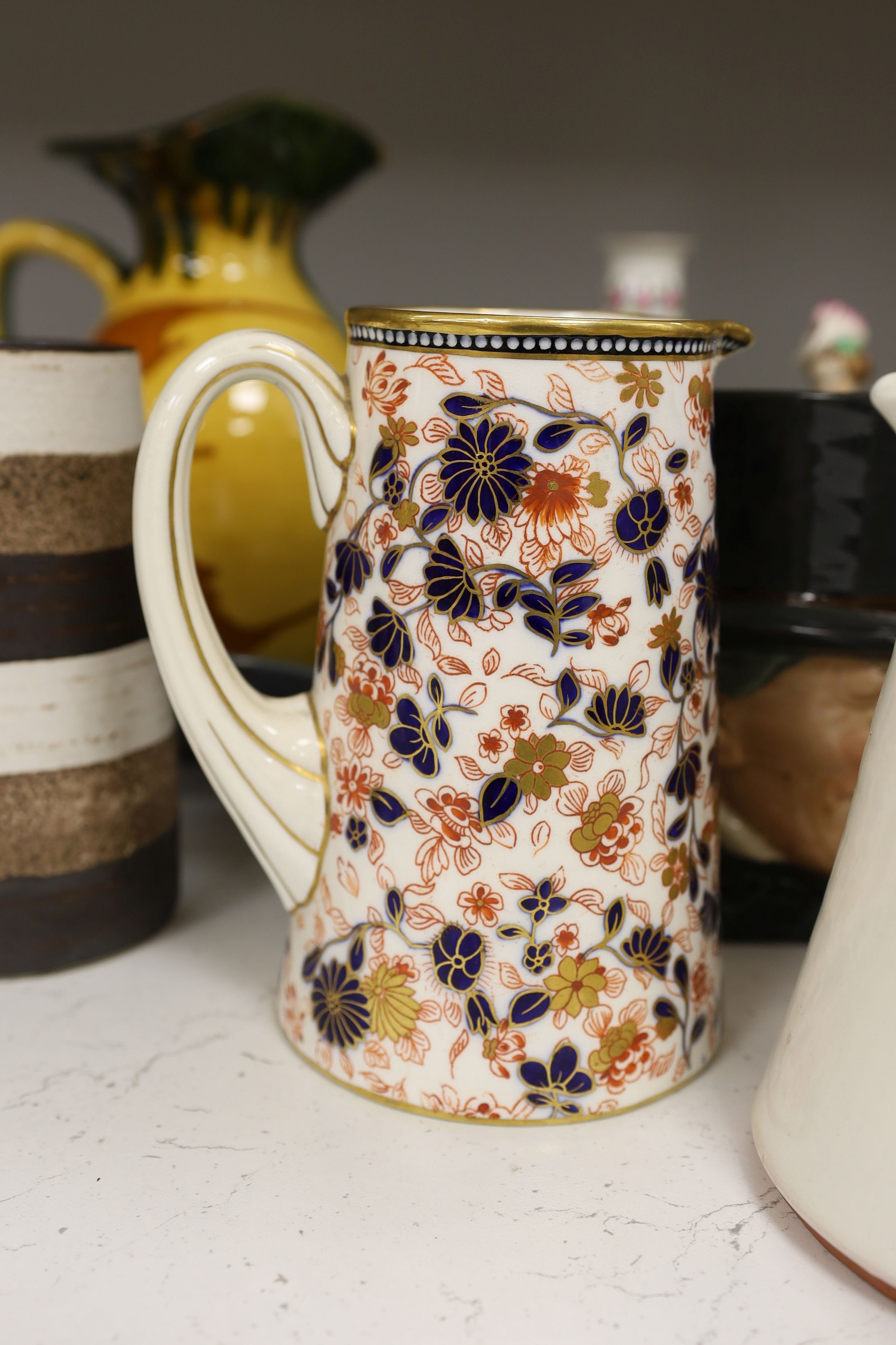 A pair of Dresden candlesticks, various art pottery jugs and a dish and other ceramics - Image 3 of 7