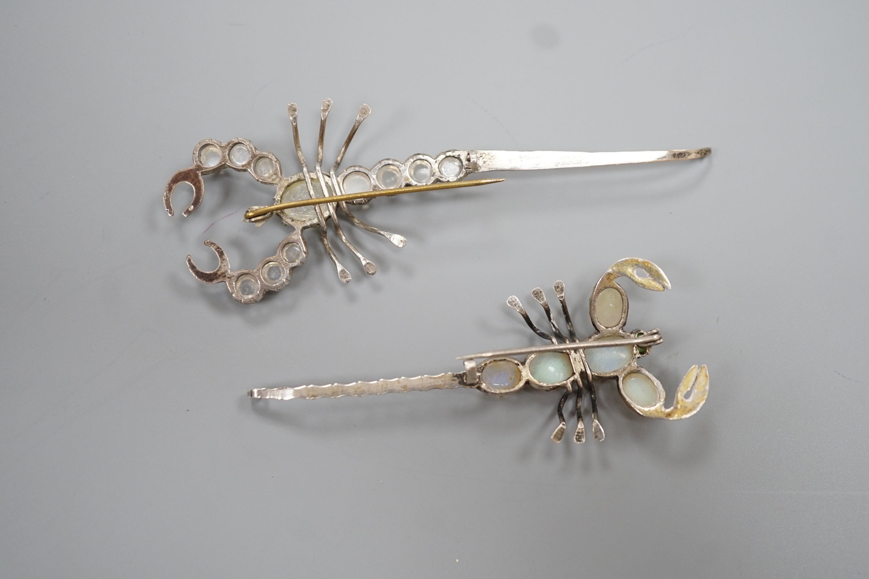 Two white metal scorpion brooches, one set with moonstones, the other with opals, largest 9cm. - Image 3 of 3