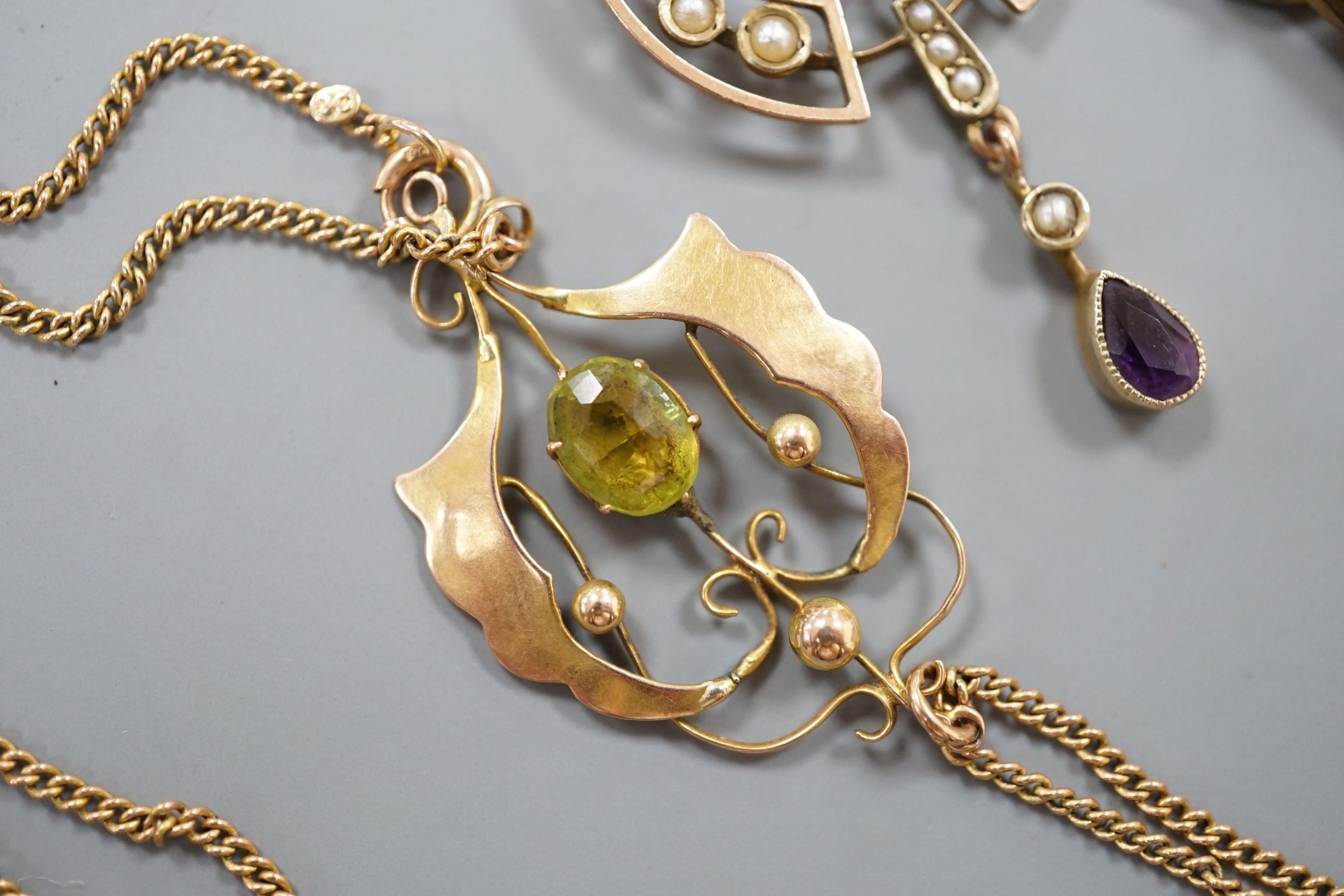 Three early 20th century yellow metal and gem set drop pendants, including two stamped 9ct and two - Image 2 of 6
