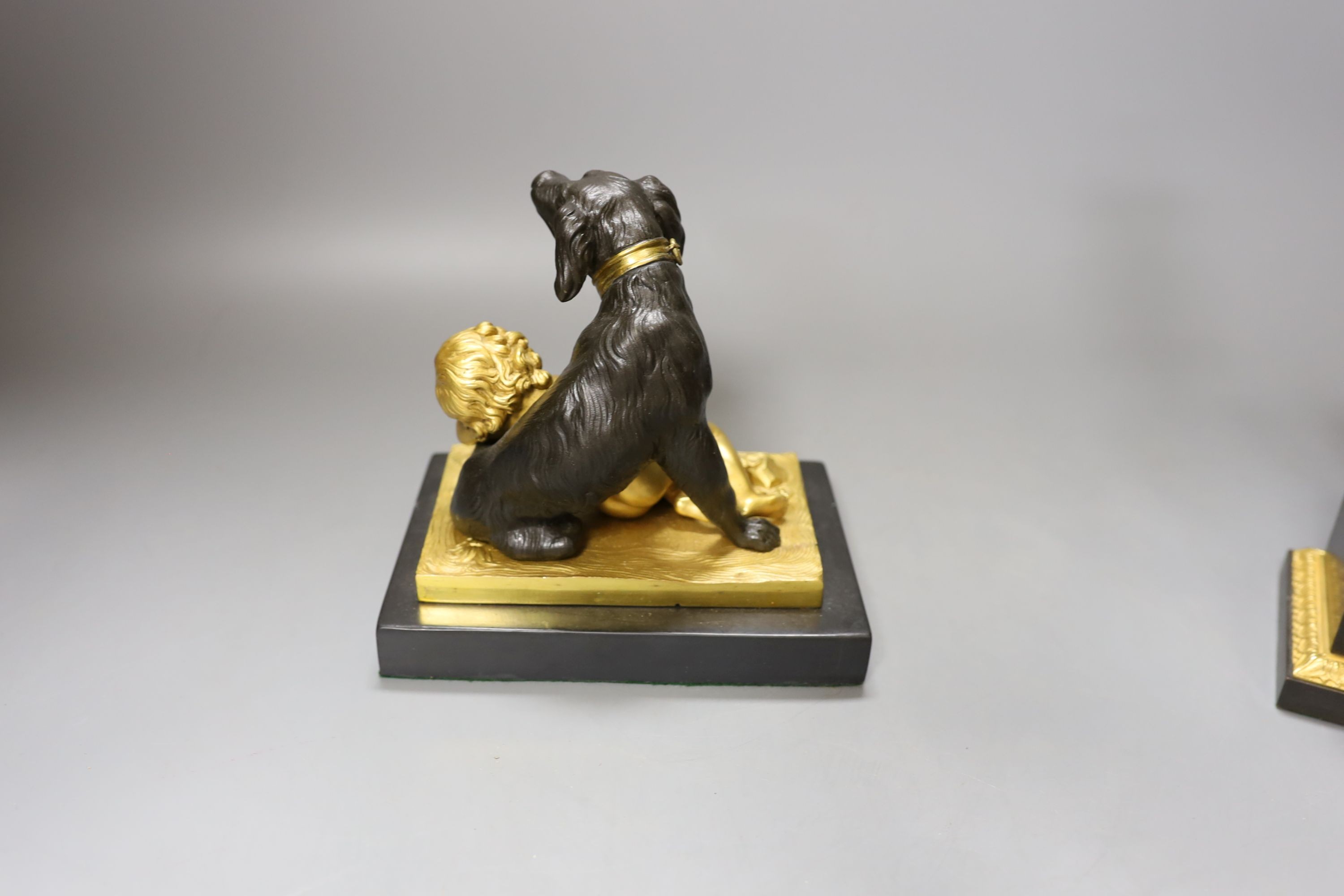 A French style gilt metal ‘urn’ inkstand/pot pourri and similar ‘dog and child’ paperweight. Tallest - Image 3 of 4
