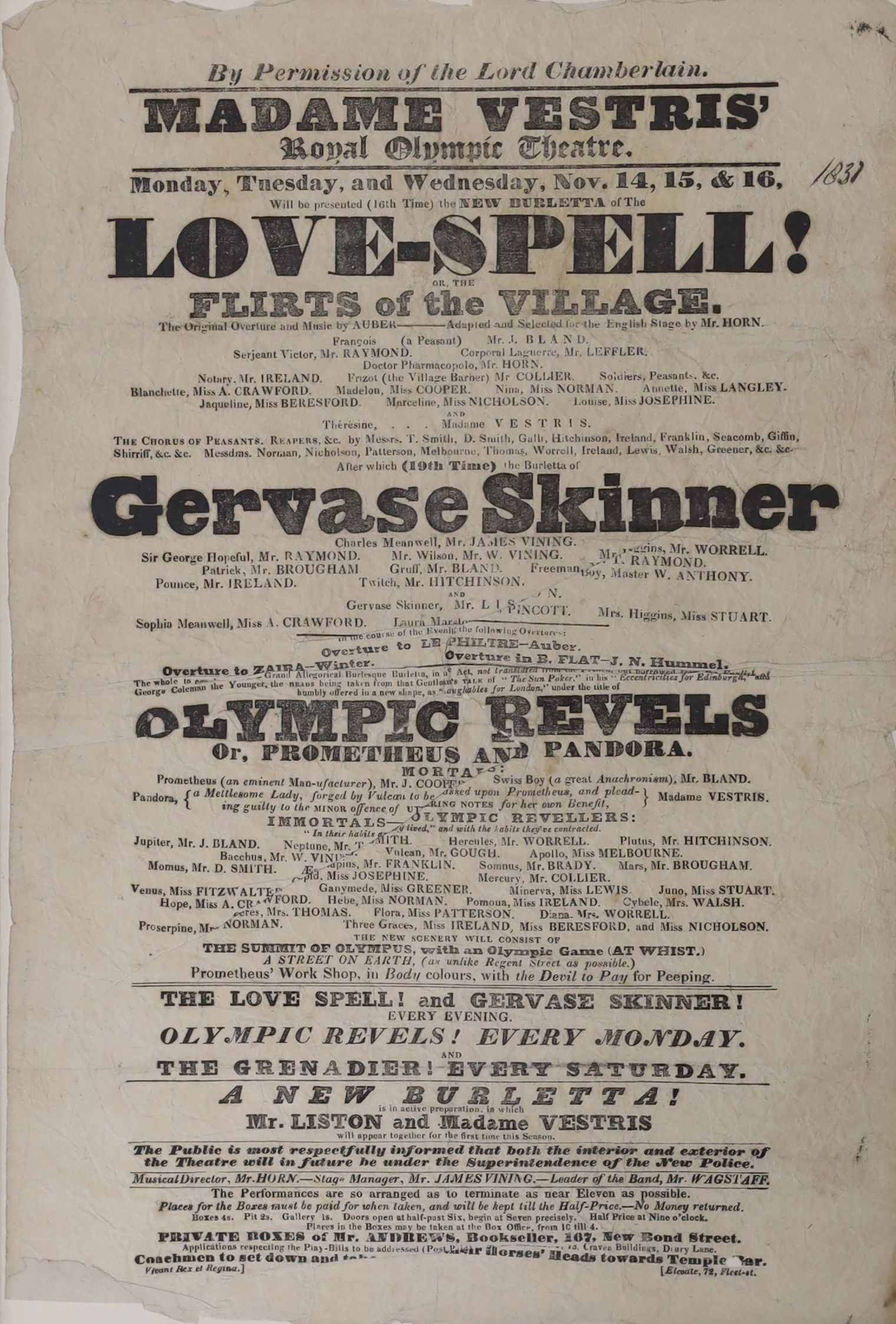 A Royal Olympic Theatre playbill for Love-Spell! November 1831, 36 x 24cm