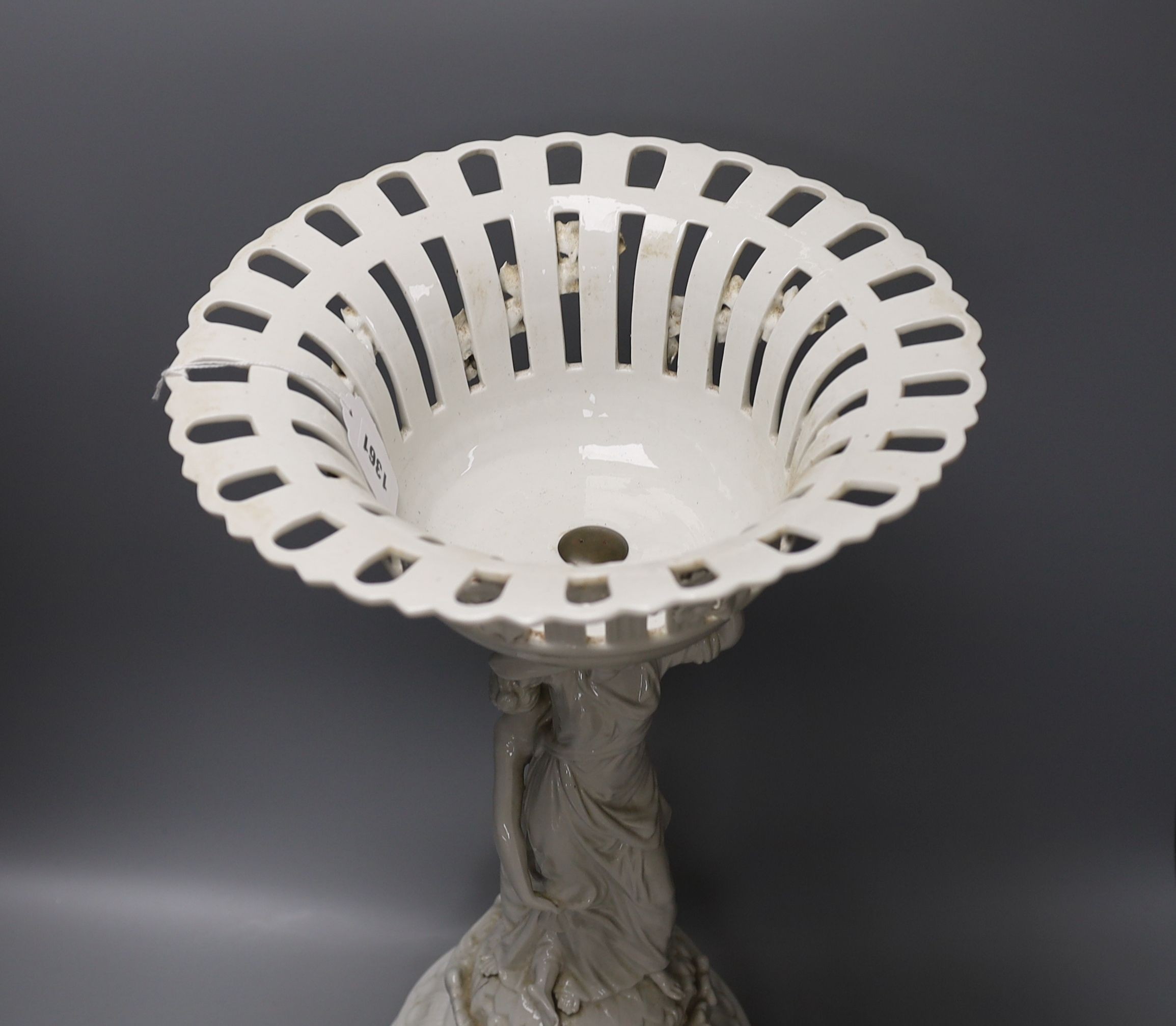 A Continental white glazed porcelain centrepiece bowl modelled with two maidens - 47cm tall - Image 3 of 4