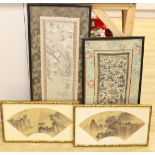 Two Chinese embroideries and two Chinese printed fans (framed)