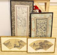 Two Chinese embroideries and two Chinese printed fans (framed)