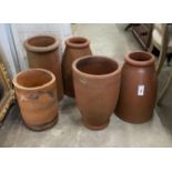 Five circular terracotta rhubarb forcers, largest height 56cm