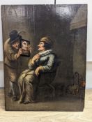 18th century French School, oil on wooden panel, Interior with woman looking in a mirror, label