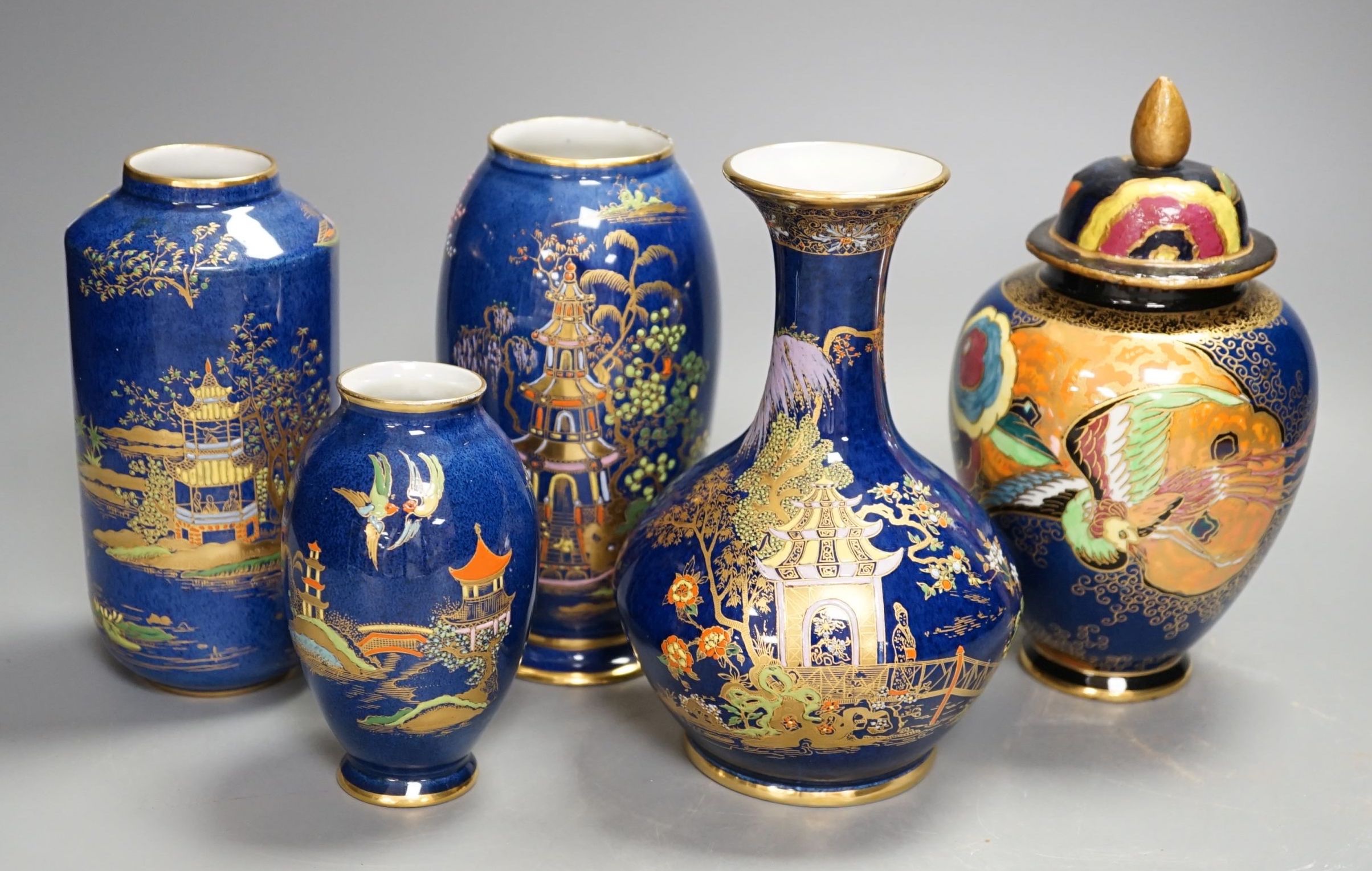 A group of Carlton ware blue ground chinoiserie lustre vases, tallest 18cm (5) - Image 2 of 7