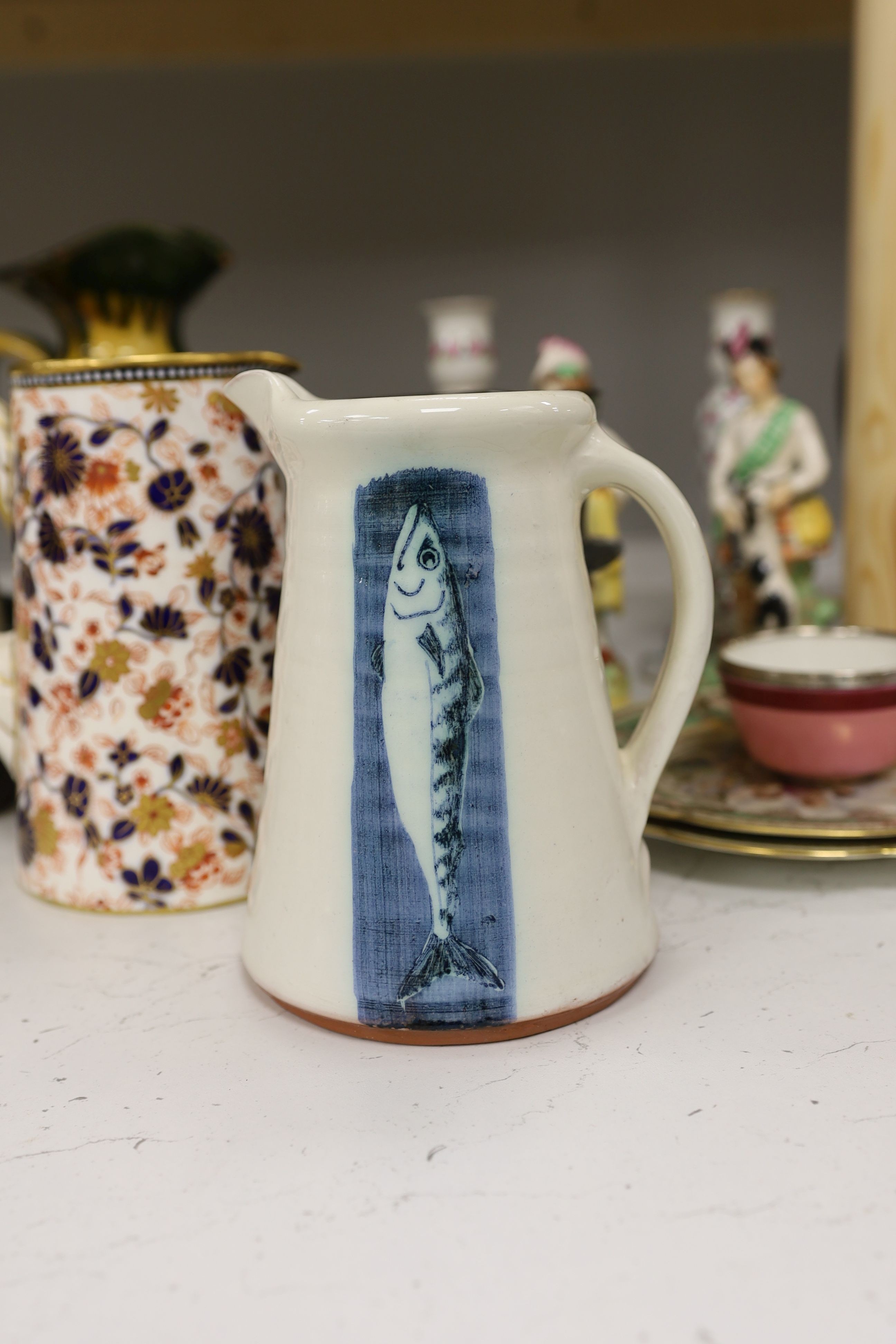 A pair of Dresden candlesticks, various art pottery jugs and a dish and other ceramics - Image 2 of 7