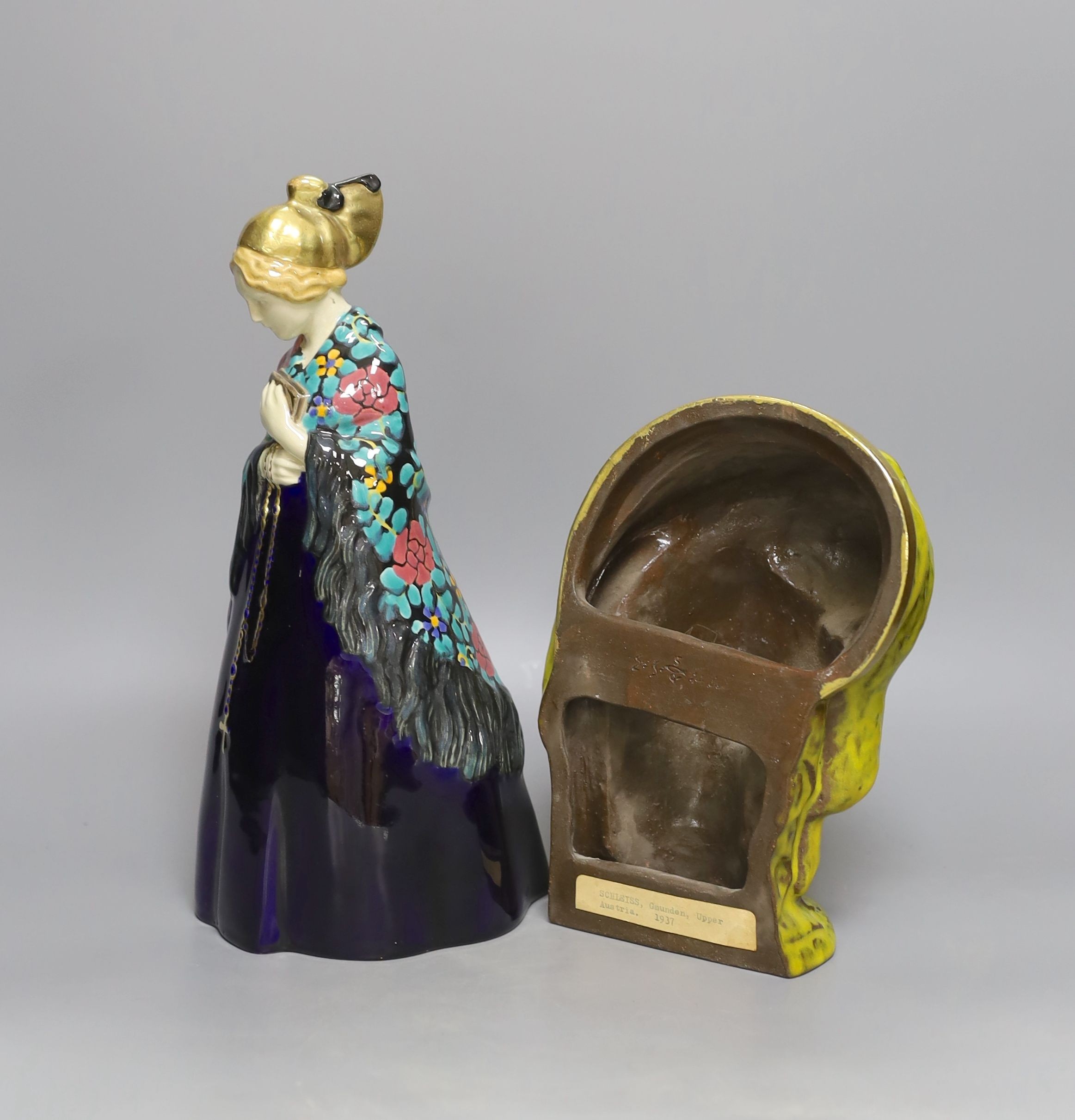 Emilie Schleiss (1880-1962), two ceramic figures including a wall mask and church goer figure - Image 2 of 5