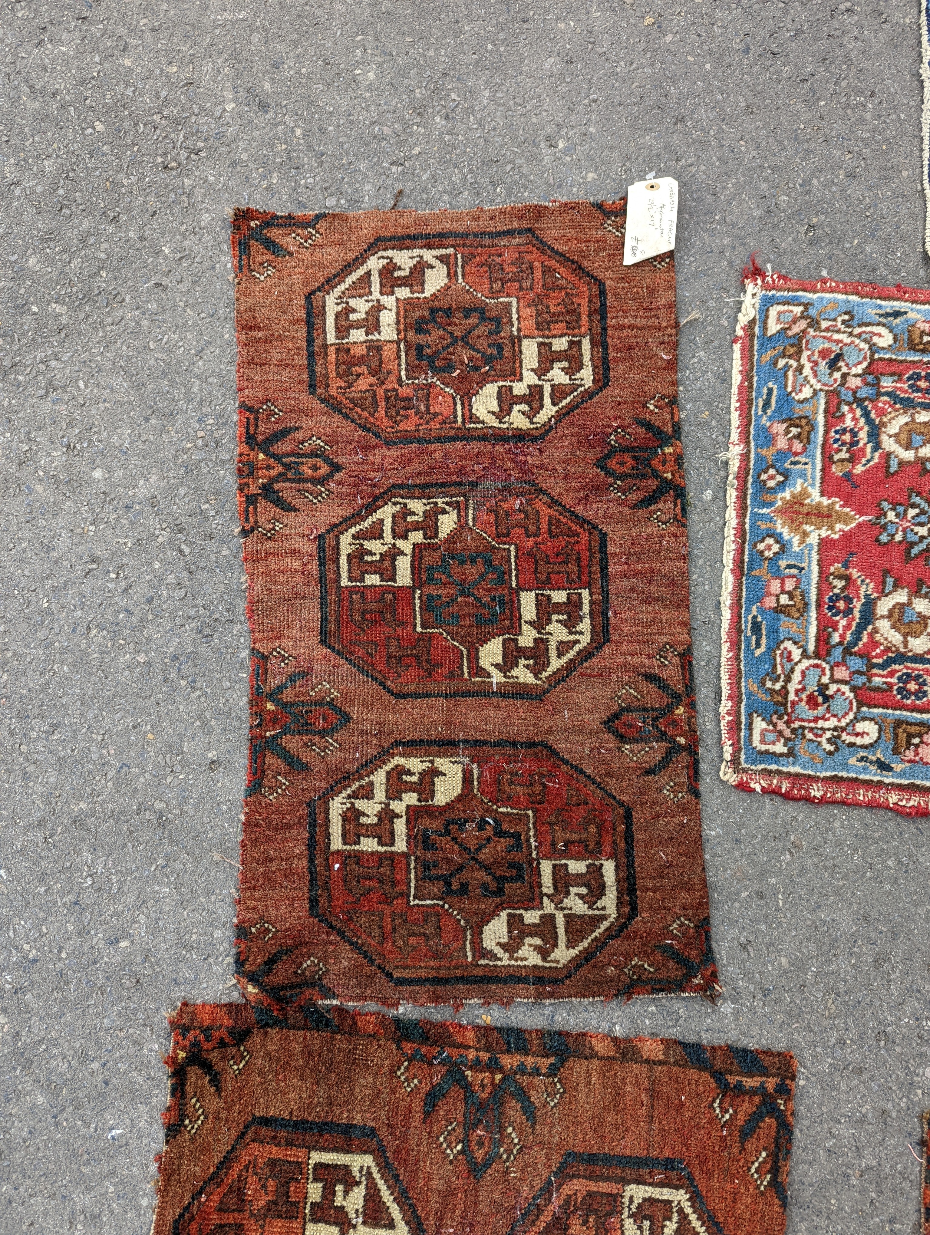 Nine Afghan, Persian and Chinese rug fragments. - Image 4 of 11