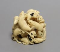 A fine Japanese carved ivory Okimono of a “mischief “ of rats, Meiji period, six character