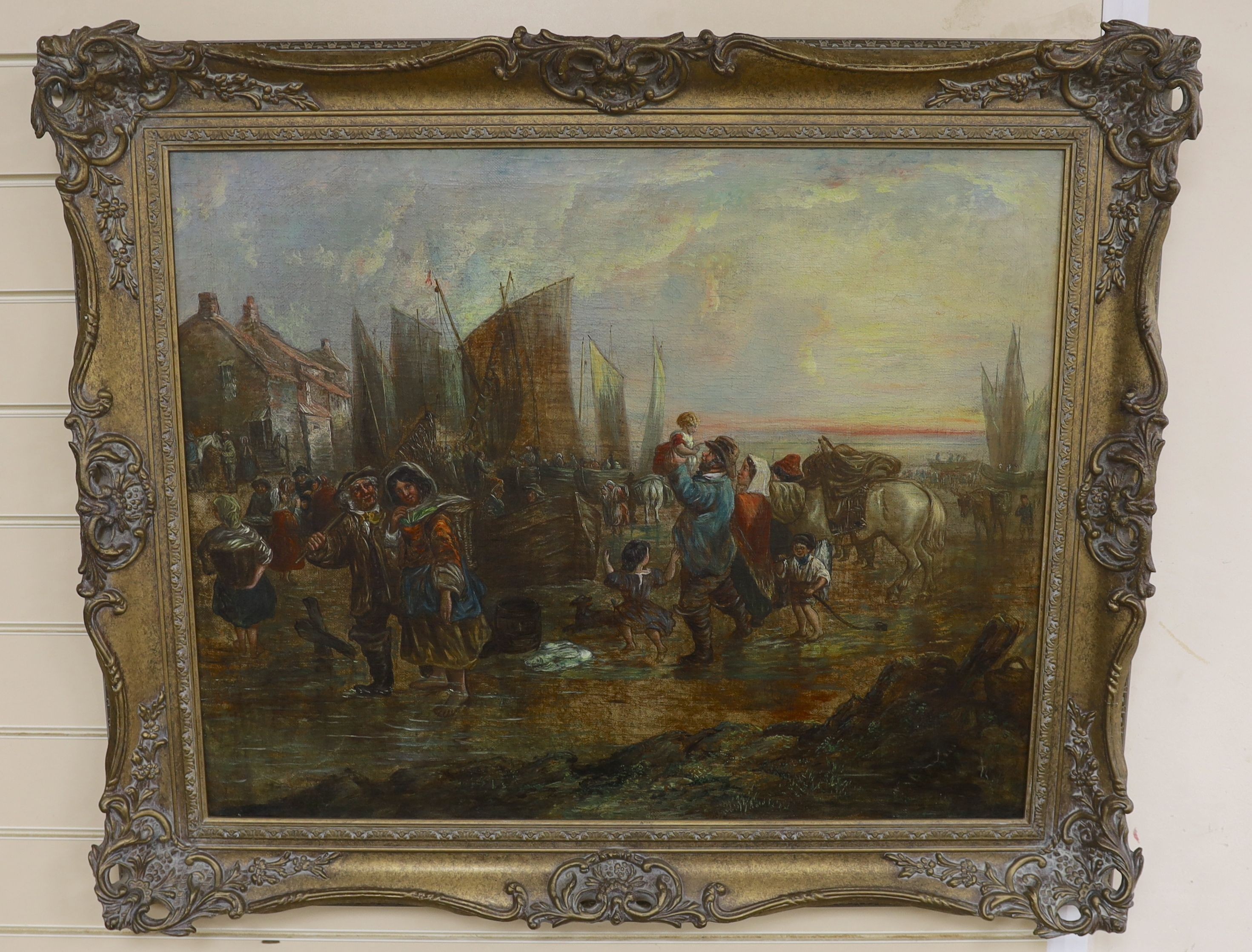 English School c.1900, oil on canvas, Fisherfolk at low tide, 60 x 75cm - Image 2 of 3