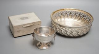 A Swedish white metal mounted glass circular bowel, diameter 18.1cm, a silver mounted cigarette