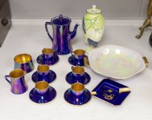A Carlton ware lustre coffee set for six, two handled bowl, ash tray and ‘kingfisher’ vase and