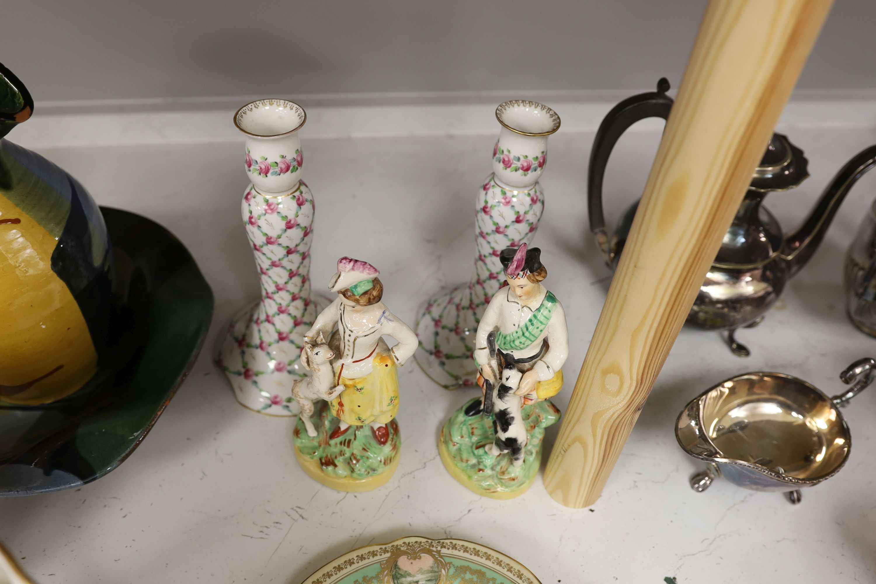 A pair of Dresden candlesticks, various art pottery jugs and a dish and other ceramics - Image 7 of 7