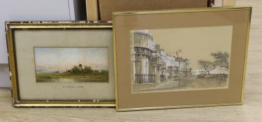 Edward B. Lait, watercolour, 'At Rodmell, Sussex', signed, 15 x 29cm and a print of 'Lewes Crescent,