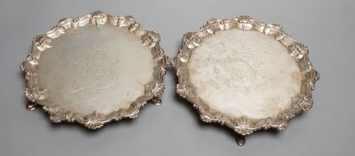 A pair of George III silver waiters, by John Cox, (a.f.)of shaped circular form, with shell scroll