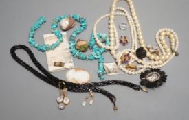 A quantity of costume jewellery including a pair of yellow metal and opal drop earrings.