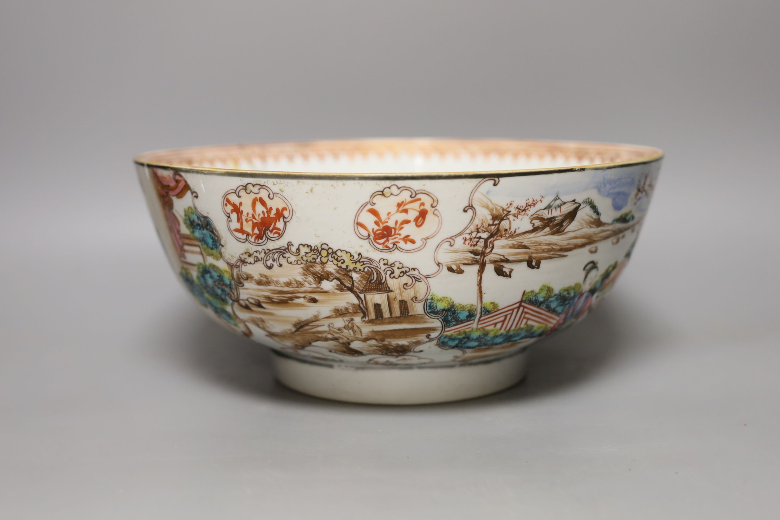 An 18th century Chinese export famille rose punch bowl (with historic damage and riveted repair) - Image 2 of 4