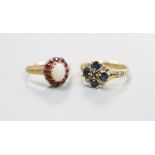 A modern 14ct gold, sapphire and diamond set cluster ring, size L, gross 3.2 grams and a 9ct gold