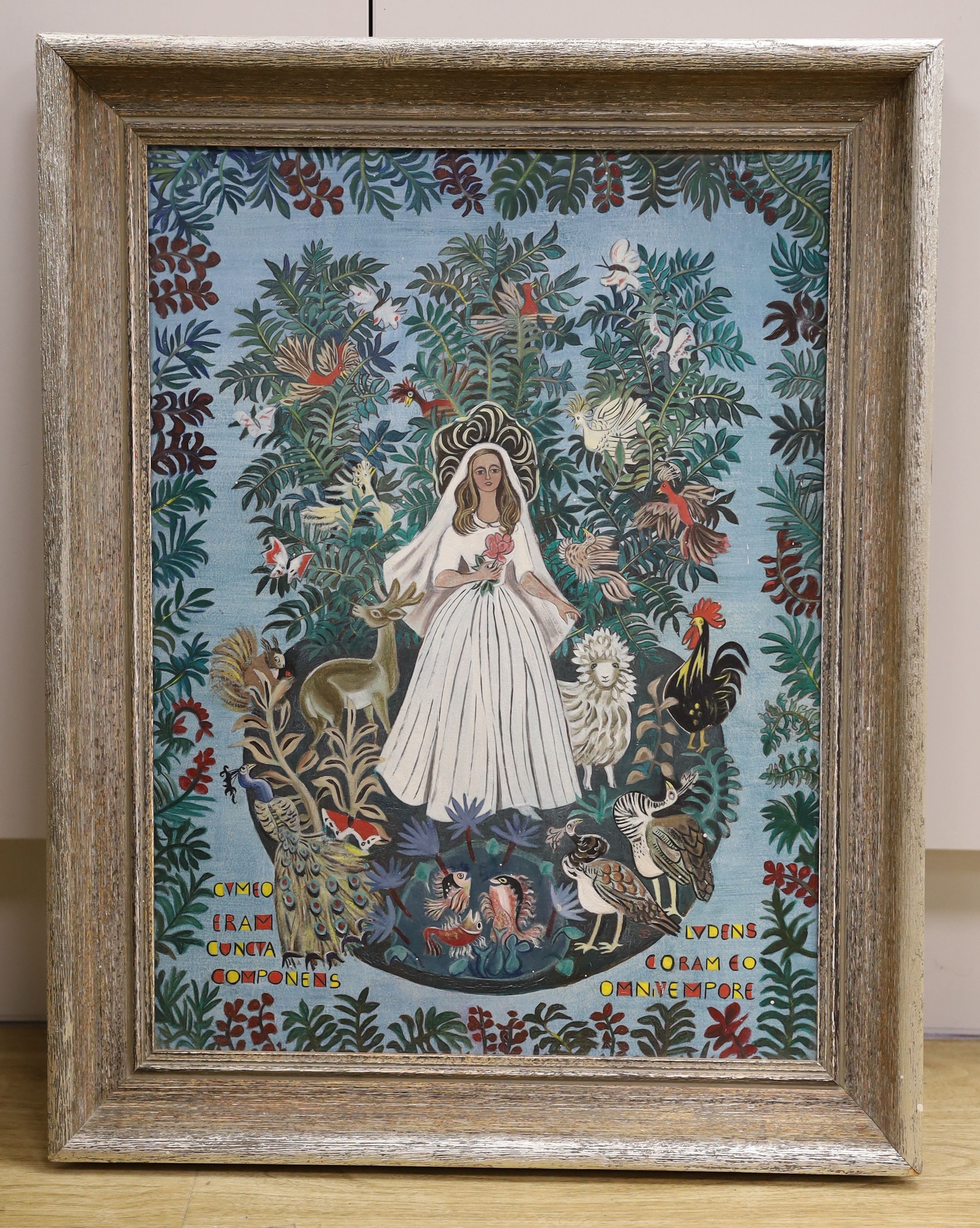 Modern British, oil on board, 'Mother Nature', Bride surrounded by birds and animals, monogrammed - Image 2 of 3