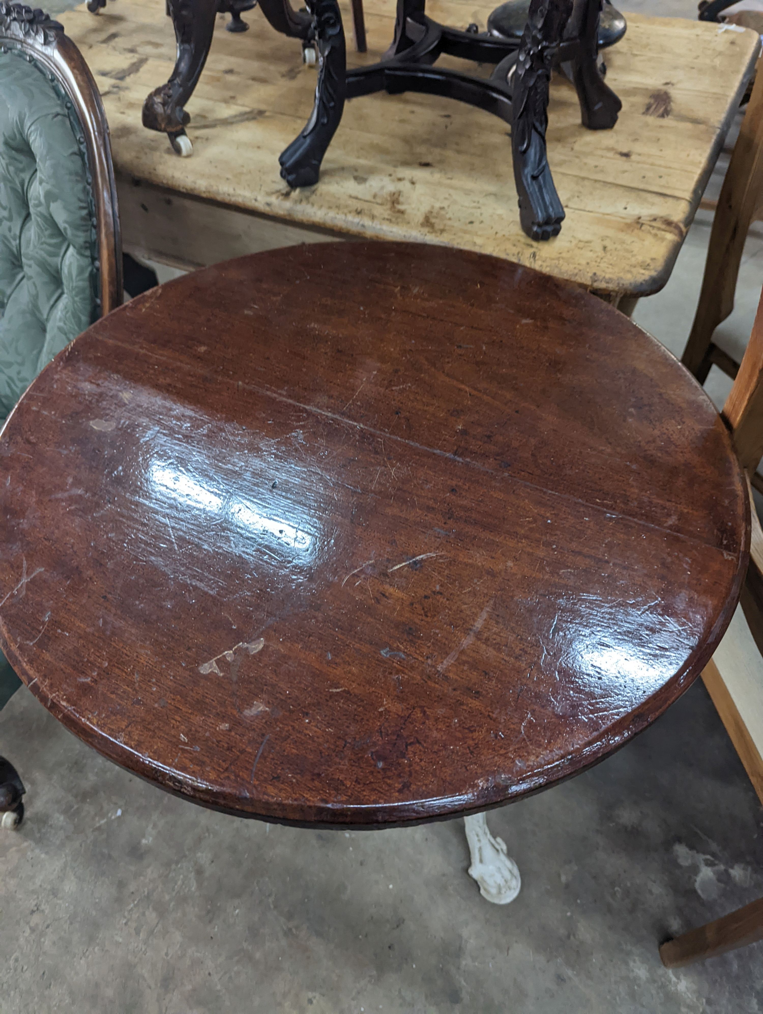 A Victorian white painted cast iron Britannia pub table with circular mahogany top, diameter 66cm, - Image 2 of 3