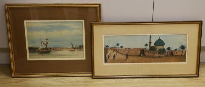 CHM, watercolour, View of a North African town, initialled, 16 x 45cm and a watercolour of the River