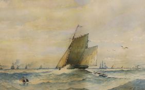 W. E. Taylor, watercolour, Shipping off the coast, signed and dated 1918, 24 x 37cm