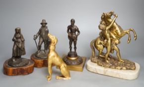 A brass Marly horse group , three decorative metal figures and a gilt bronze figure of a whippet (