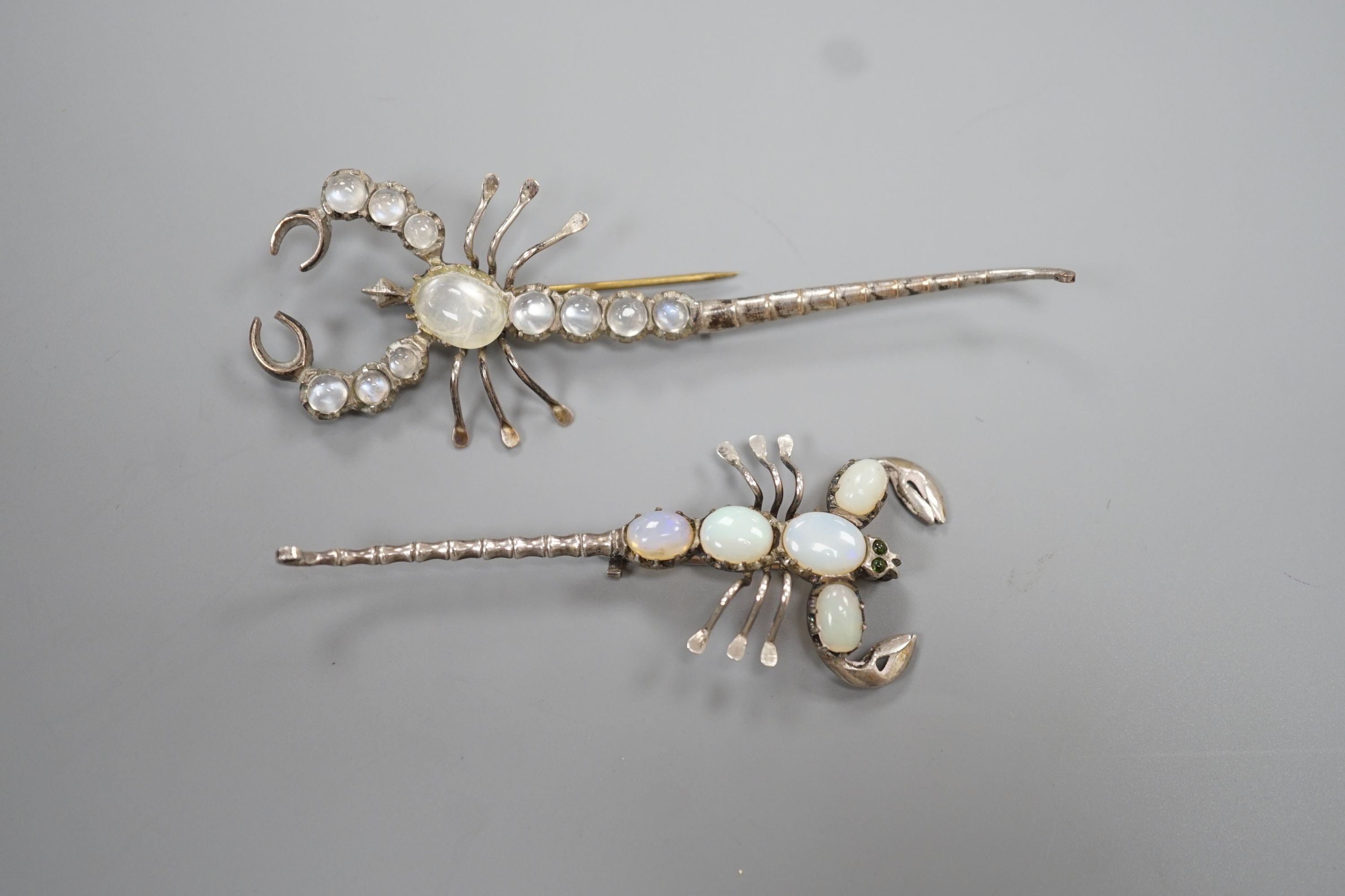 Two white metal scorpion brooches, one set with moonstones, the other with opals, largest 9cm. - Image 2 of 3