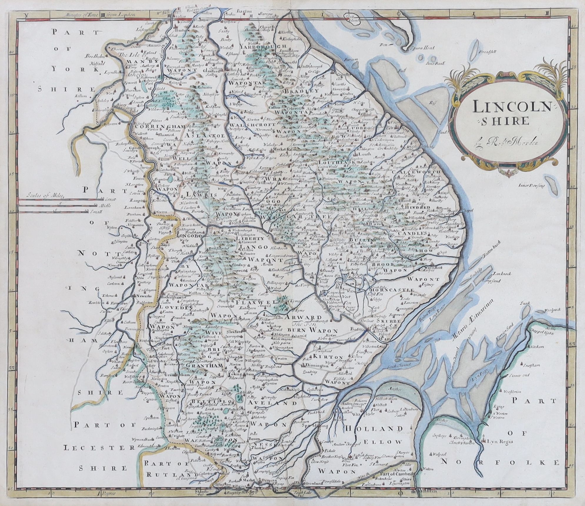 Robert Morden, coloured engraving, Map of Lincolnshire, 38 x 44cm.