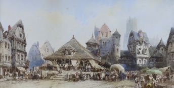 Paul Marny (1829-1914), watercolour, French town scene, 23 x 46cm