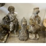 Three reconstituted stone garden ornaments, flower seller, dolphin and heraldic lion, largest height