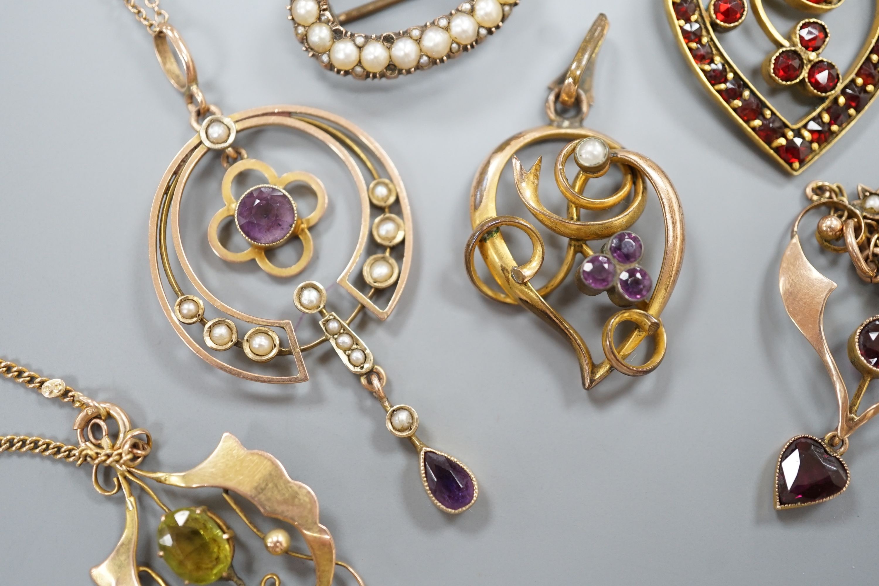 Three early 20th century yellow metal and gem set drop pendants, including two stamped 9ct and two - Image 3 of 6