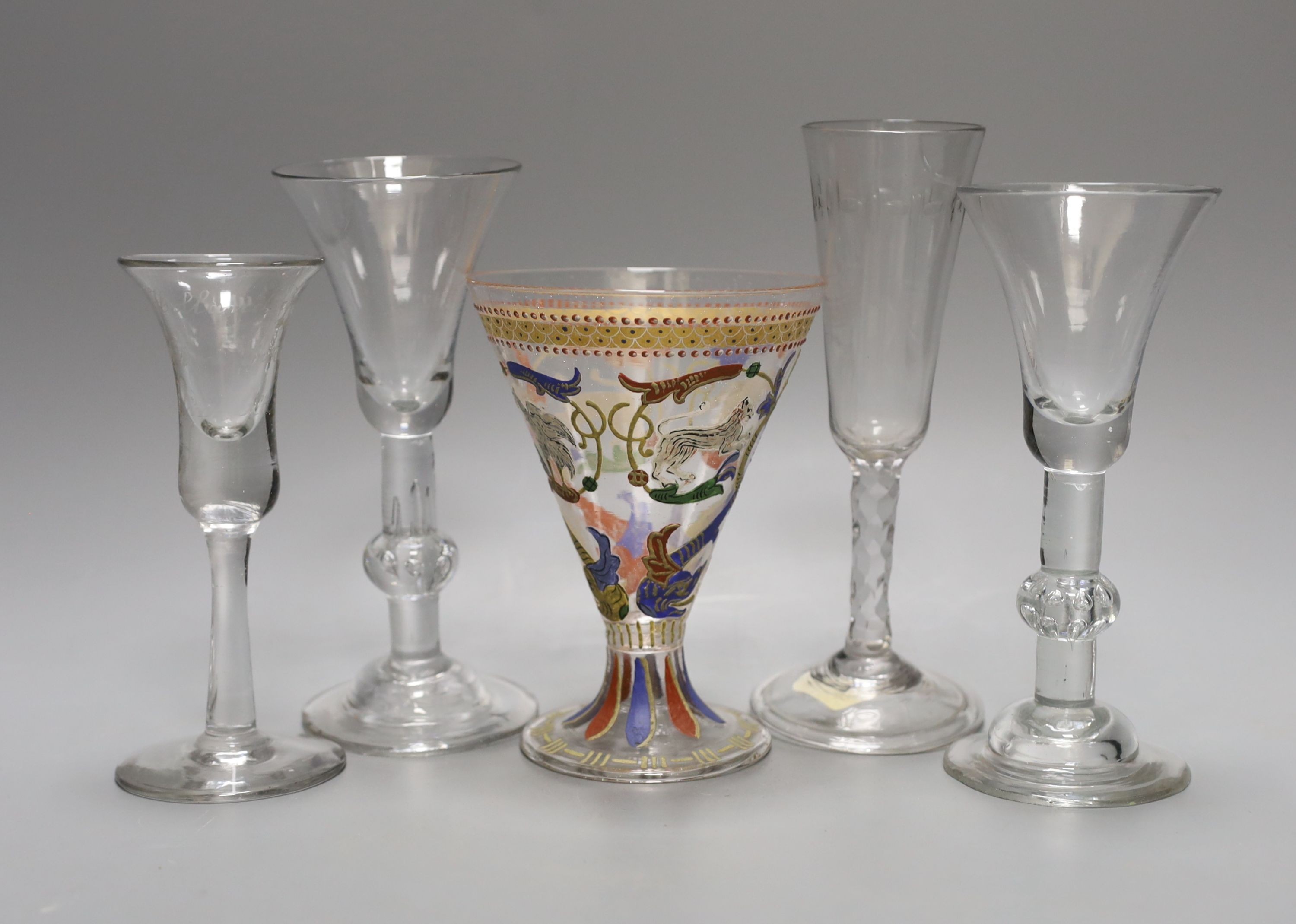 Four 18th century drinking glasses and a Bohemian Historismus enamelled wine glass (5) tallest 18cm - Image 2 of 2