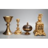 A decorative ormolu inkwell, 20cm high, a Baroque style candlestick, a chalice stamped W IV,