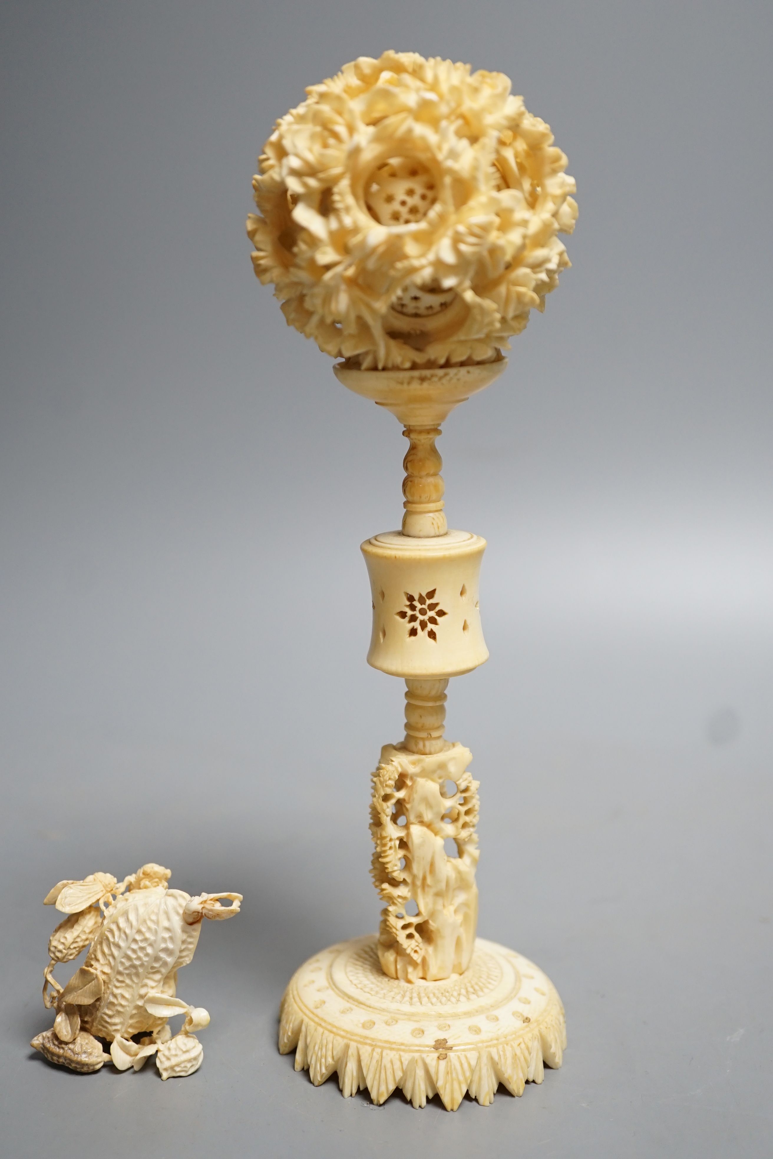 A Chinese ivory concentric puzzle ball and stand, two Chinese ivory snuff bottles and stoppers, - Image 4 of 8
