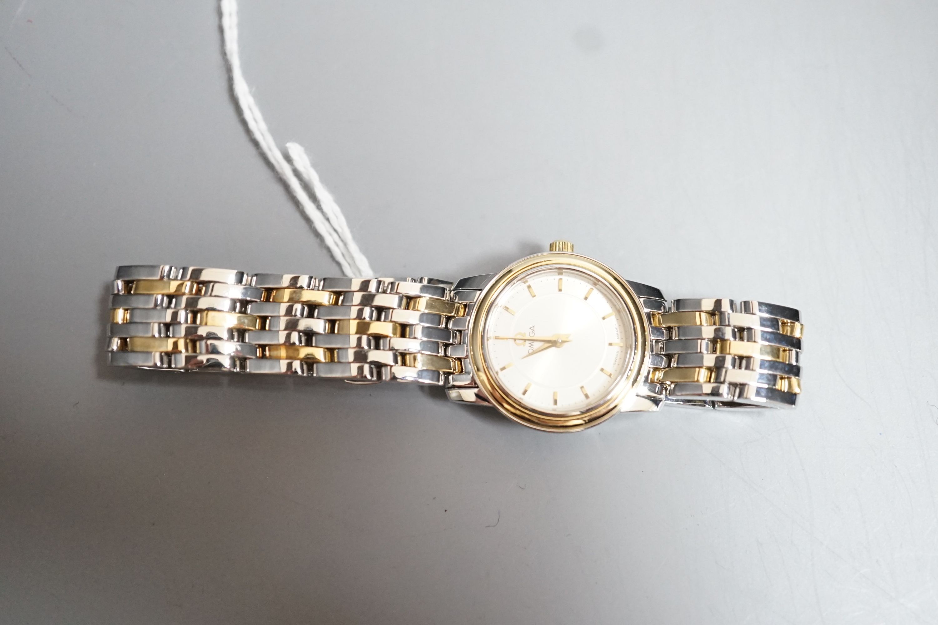 A lady's steel and gold plated Omega quartz wrist watch, on steel and gold plated Omega bracelet, - Image 3 of 4