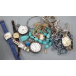 A small quantity of assorted costume jewellery, two silver pocket watches and assorted wrist watches