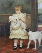 After of Charles Burton Barber, R.O.I., (1845-1894), oil on panel, Girl with dog and puppies, 25 x