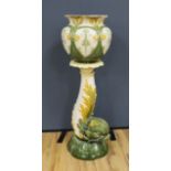 A Leeds pottery floral jardinière, on rearing fish-tail pedestal - 114cm high
